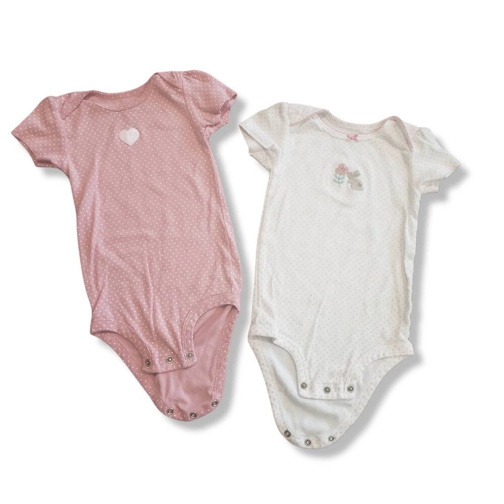 Carters Pink Heart & White Bunny Smelling a Rose Onesies - Set of 2 - Size 24M